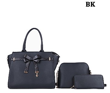 3 IN 1 SOLID COLOR HANDBAG WALLET SET WITH SNAKESKIN BOW ACCENT