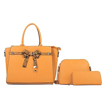 3 IN 1 SOLID COLOR HANDBAG WALLET SET WITH SNAKESKIN BOW ACCENT