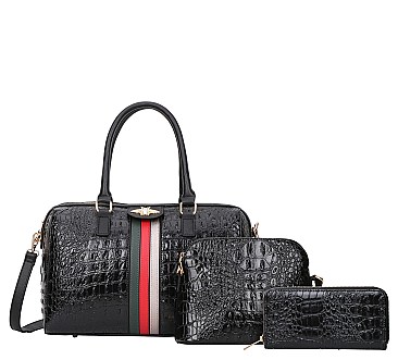 Crocodile Ostrich 3-in-1 Boston Satchel Messenger Wallet Set