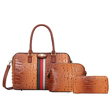 Crocodile Ostrich 3-in-1 Boston Satchel Messenger Wallet Set