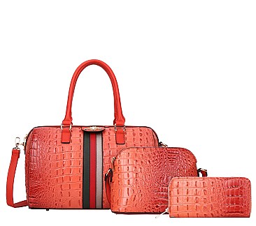 Crocodile Ostrich 3-in-1 Boston Satchel Messenger Wallet Set