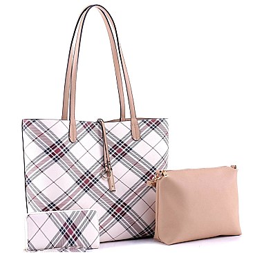 3 in 1 Plaid Checker Print Shopper Tote Wallet SET