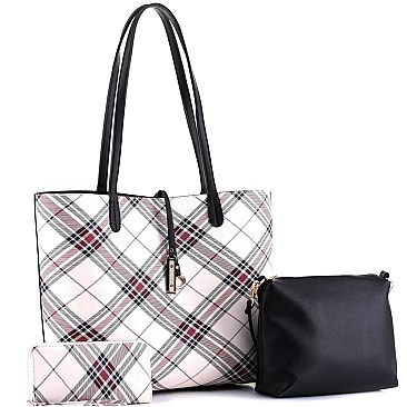 3 in 1 Plaid Checker Print Shopper Tote Wallet SET