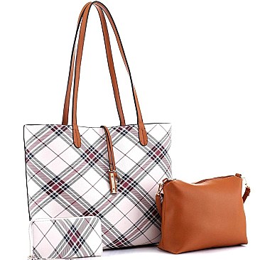 3 in 1 Plaid Checker Print Shopper Tote Wallet SET