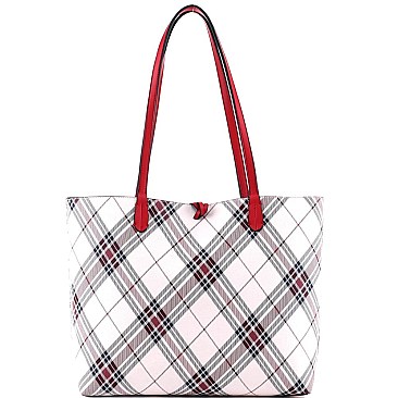 3 in 1 Plaid Checker Print Shopper Tote Wallet SET