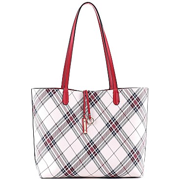 3 in 1 Plaid Checker Print Shopper Tote Wallet SET