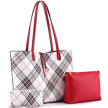 3 in 1 Plaid Checker Print Shopper Tote Wallet SET
