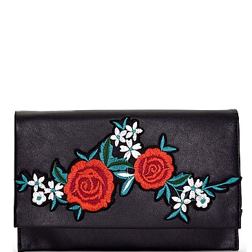 Flower Embroidered Flap Clutch