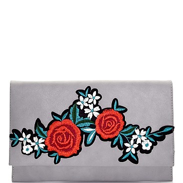 Flower Embroidered Flap Clutch