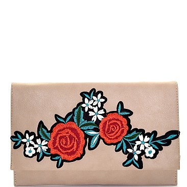 Flower Embroidered Flap Clutch