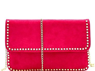 Stud Accent Felt-Suede Flap 2-Way Clutch