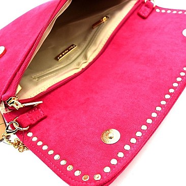 Stud Accent Felt-Suede Flap 2-Way Clutch
