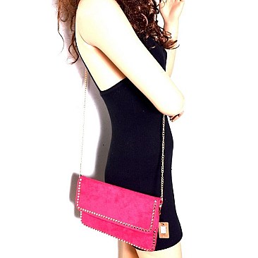 Stud Accent Felt-Suede Flap 2-Way Clutch