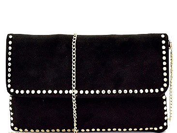 Stud Accent Felt-Suede Flap 2-Way Clutch