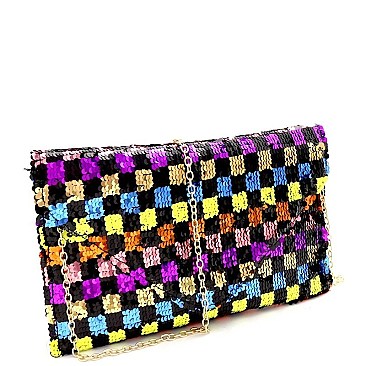 CHECKERED MULTI COLOR SEQUIN ENVELOPE CLUTCH