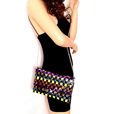 CHECKERED MULTI COLOR SEQUIN ENVELOPE CLUTCH