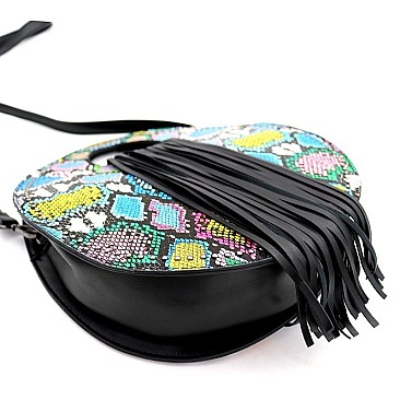 FRINGE ACCENT SNAKE PRINT 2 WAY SATCHEL