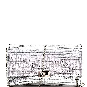 Metallic Turn-Lock Accent Textured Fold-Over Clutch