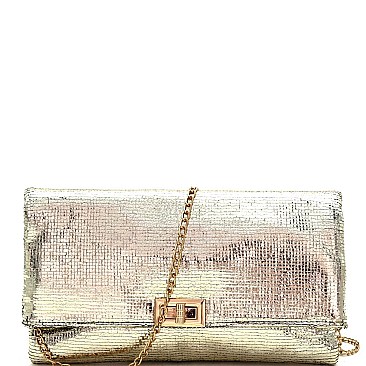 Metallic Turn-Lock Accent Textured Fold-Over Clutch