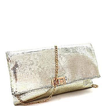 Metallic Turn-Lock Accent Textured Fold-Over Clutch