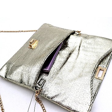 Metallic Turn-Lock Accent Textured Fold-Over Clutch