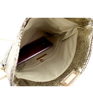 Metallic Turn-Lock Accent Textured Fold-Over Clutch