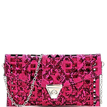 2 in 1 Snake Print Laser-cut Turn-Lock Clutch with Chain Strap