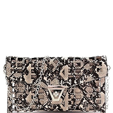 2 in 1 Snake Print Laser-cut Turn-Lock Clutch with Chain Strap