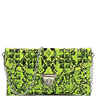 2 in 1 Snake Print Laser-cut Turn-Lock Clutch with Chain Strap