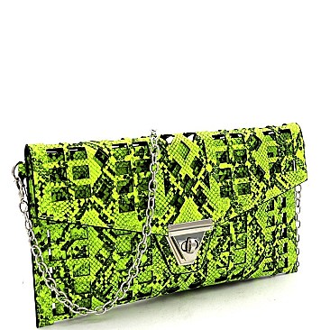 2 in 1 Snake Print Laser-cut Turn-Lock Clutch with Chain Strap