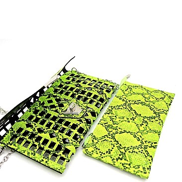 2 in 1 Snake Print Laser-cut Turn-Lock Clutch with Chain Strap