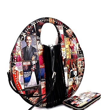 Magazine Print Fringed Round Satchel Wallet SET PQ013-1W-LP