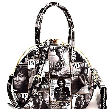 Obama Magazine Print Patent Jewel-Top Satchel Wallet SET MH-PQ026
