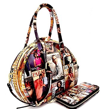 Obama Magazine Print Patent Jewel-Top Satchel Wallet SET MH-PQ026