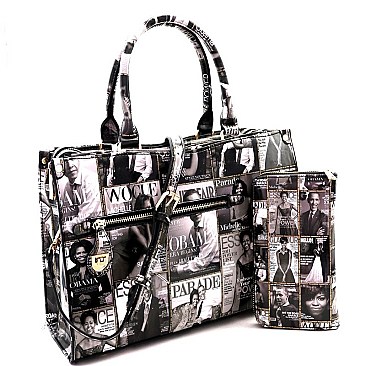 Obama Magazine Print 3-Compartment Satchel Wallet SET