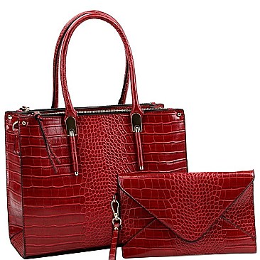3 COMPARTMENT CROCODILE PRINT 2 IN 1 TOTE SET