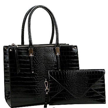 3 COMPARTMENT CROCODILE PRINT 2 IN 1 TOTE SET