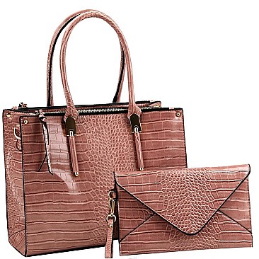 3 COMPARTMENT CROCODILE PRINT 2 IN 1 TOTE SET