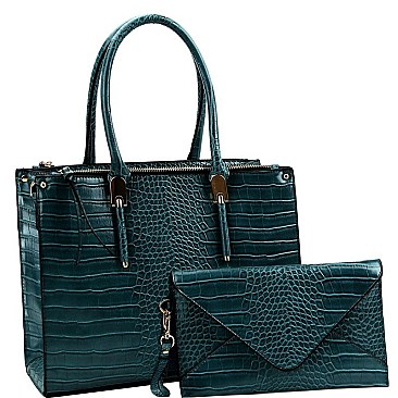 3 COMPARTMENT CROCODILE PRINT 2 IN 1 TOTE SET