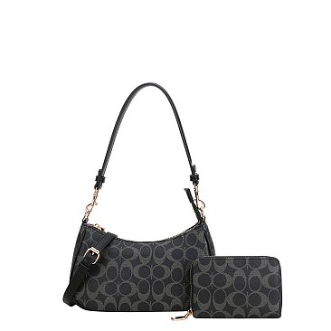 black 2-in-1 Oval Design Shoulder Bag Wallet Set