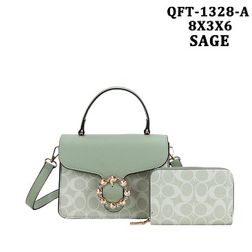 2-in-1 Oval Print Stoned Buckle Satchel W Wallet Set