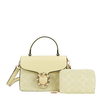 2-in-1 Oval Print Stoned Buckle Satchel W Wallet Set