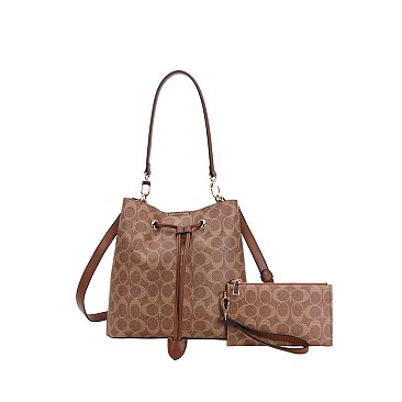 2-in-1 Oval Print Bucket Bag + Wallet Set