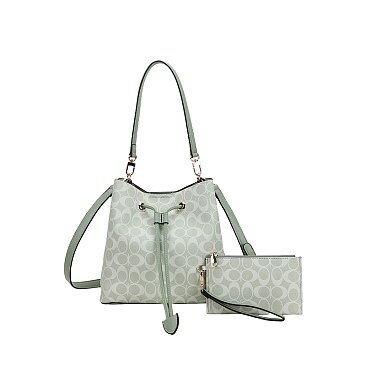 2-in-1 Oval Print Bucket Bag + Wallet Set