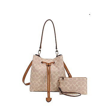 2-in-1 Oval Print Bucket Bag + Wallet Set