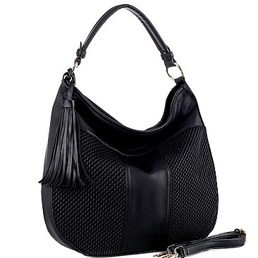 EMBOSSED DETAIL TASSEL ACCENT HOBO