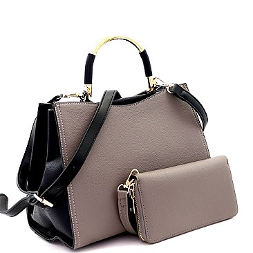 Metal Handle Compartment 2-Tone Satchel Wallet SET MH-RX7253W