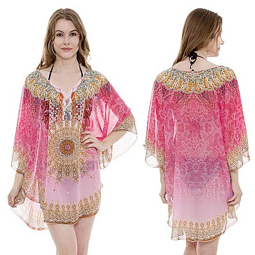 Chic in Pink Stone Studded Mixed Print Long Kimono