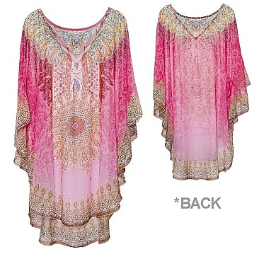 Chic in Pink Stone Studded Mixed Print Long Kimono