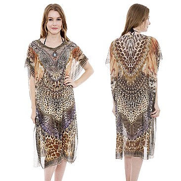 STUNNING STONE STUDDED MIX SAFARI PRINT SLEEK LONG PONCHO